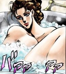 1girls bath bathing bathroom bathtub battle_tendency breasts brown_hair bubble color colored female hirohiko_araki jojo's_bizarre_adventure jojo_reference lisa_lisa long_hair manga manga_style naked ponytail solo taking_a_bath