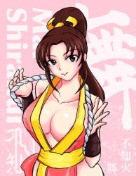 1girls areola_slip big_breasts breasts brown_eyes brown_hair busty cleavage fatal_fury female female_only king_of_fighters large_breasts long_hair looking_at_viewer mai_shiranui nipple_slip nipples ponytail shihu_zou smile snk solo voluptuous