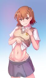 1girls 2020 2020s anime blush brown_eyes brown_hair cell_(artist) embarrassed female gradient_background hair_ornament hairclip hi_res hips lifted_by_self looking_at_viewer manga matching_hair/eyes midriff miniskirt misaka_mikoto navel school_uniform schoolgirl shirt_lift short_hair shorts shorts_under_skirt solo solo_female standing teenage_girl teenager to_aru_kagaku_no_railgun to_aru_majutsu_no_index tokiwadai_school_uniform tomboy young