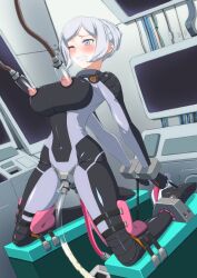 1girls aila_jyrkiainen blush bodysuit breasts cuffs drooling female female_only grey_eyes gundam gundam_build_fighters handcuffs hi_res kneeling machine milking_machine nipples one_eye_closed restrained restraints saliva skin_tight solo tears tight_clothing white_hair