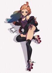 1girls child_bearing_hips cyber_pop_zoe glasses green_eyes league_of_legends multicolored_hair project_series riot_games roller_skates simple_background skirt skirt_lift tagme tank_top thigh_socks thong thong_bikini white_hair zoe_(league_of_legends)