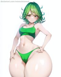 1girls ai_generated bottom_heavy deviantart green_eyes green_hair green_underwear huge_ass huge_hips light-skinned_female light_skin lime_hair monochrome_ai one-punch_man small_breasts solo tatsumaki