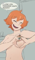 1boy 1girls closed_eyes giantess heart-shaped_breast_challenge micro_on_breasts nipples nude orange_hair sihagen smile