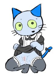 anthro blue_ears blue_tail blush bodily_fluids champelle collar cuntboy feline furry intersex lifting_skirt light_blue_fur maid_outfit oyasaioni9 partially_clothed presenting_pussy pussy spiral_eyes squatting sweat teach_(teach_the_cat) teach_the_cat thighhighs yellow_eyes