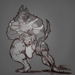 anthro biceps big_pecs biped black_eyes blood bodily_fluids bulge canid canine canis claws clothed clothing detailed_bulge digital_media_(artwork) domestic_dog drooling fangs genital_outline german_shepherd gryblak herding_dog hi_res huge_pecs male mammal muscular muscular_anthro muscular_male nipples open_mouth pastoral_dog pecs penis_outline saliva shirt simple_background solo standing tail teeth toe_claws tongue tongue_out topwear torn_clothing torn_shirt torn_topwear undead underwear zombie