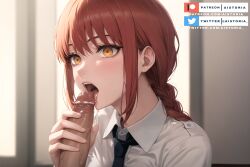 1boy 1girls ai_generated aistoria black_necktie blowjob braided_ponytail chainsaw_man dark-skinned_male fellatio female fringe interracial licking_penis light-skinned_female makima_(chainsaw_man) mappa nipples open_mouth oral patreon_username petite ponytail red_hair school_uniform schoolgirl tongue tongue_out white_shirt yellow_eyes