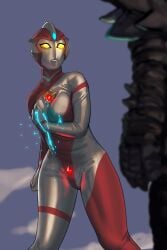 giant_heroines grabbing_own_breast heroine heroine_in_trouble kaiju lactation latex latex_suit ultraman_(franchise) ultrawoman unusual_lactation