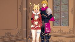 ! 1boy 1girls 3d bare_legs blonde_hair blush embarrassed female fingerless_gloves fire_emblem fire_emblem_fates fox_girl frown gloves hamma_hamma indoors jealous kitsune legs looking_at_viewer male multicolored_hair nintendo open_mouth red_eyes selkie_(fire_emblem) shocked short_hair siegbert_(fire_emblem) tail window yellow_eyes