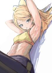 1girls armpits bare_midriff blonde_hair breasts cola_bcde etie_(fire_emblem) female female_only fire_emblem fire_emblem_engage green_eyes long_hair looking_at_viewer midriff nintendo on_back open_mouth pants small_breasts solo tank_top toned toned_female workout yoga_pants