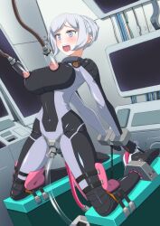 1girls aila_jyrkiainen blush bodysuit breasts cuffs female female_only grey_eyes gundam gundam_build_fighters handcuffs hi_res kneeling machine milking_machine nipples restrained restraints skin_tight solo tight_clothing white_hair