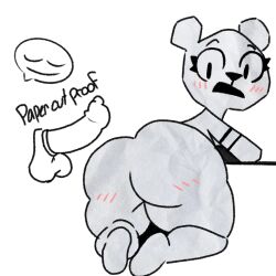 2023 anthro ass balls bear bent_over big_balls big_butt big_penis black_eyes blush body_blush bottomless bubble_butt butt_blush cartoon_network clothed clothing condom duo english_text erection eyelashes feet female female_focus genitals hi_res imminent_sex kneeling lewdewott looking_at_viewer looking_back looking_down male mammal open_mouth paper partially_clothed penis presenting presenting_hindquarters rear_view sexual_barrier_device simple_background soles solo_focus teri_(tawog) text the_amazing_world_of_gumball thick_thighs topwear white_background white_body wide_hips