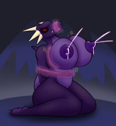 angry anthro arms_behind_back big_ass big_breasts bondage carboncopy612 dragon horns hourglass_figure huge_breasts kneeling lactation milk_squirt muzzle_(object) muzzled purple_body red_eyes scalie scalie_humanoid stars thick_thighs wide_hips