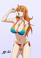 1girls belly_button big_breasts bikini cleavage female female_only ice_cream innuendo kyabakurabakufu licking_ice_cream long_hair nami necklace one_piece one_piece_film_z orange_hair post-timeskip rainbow_bikini sensual sexual_innuendo shoulder_tattoo solo suggestive tattoo