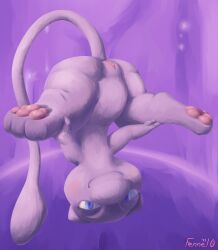 blue_eyes blush clitoris eyelashes female fennelseed feral floating generation_1_pokemon genitals hands_on_legs hi_res legendary_pokemon long_tail looking_at_viewer mew mew_(pokemon) narrowed_eyes nintendo pawpads paws pokemon pokemon_(species) pussy simple_background smile smiling_at_viewer solo spread_legs spreading tail upside-down