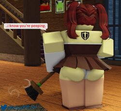 1girls 3d ass bluerr34 broom dialogue dress dress_lift female lilly_(blue) maid original_character roblox robloxian self_upload stockings tagme text twitter_username