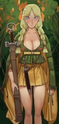 1girls 2d 2d_(artwork) aged_up belt big_breasts blonde_hair blue_eyes blush bottomless braid braided_twintails cape cleavage cleavage_dress dagger dirk_(knife) dress female female_only golden_dress green_clothing huge_breasts human human_only large_breasts light-skinned_female light_skin miniskirt mossa mossacannibalis ring_pommel robyn_goodfellowe scabbard sheath short_skirt skirt smile smiling solo solo_female sword thick_thighs wide_hips wide_thighs wolfwalkers yellow_skirt