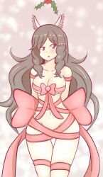 1girls abstract_background blush bow child_bearing_hips christmas christmas_outfit christmas_present female female_only fire_emblem fire_emblem_awakening hair_ornament medium_breasts mistletoe naked_ribbon nintendo raydango ribbon ribbons solo sumia_(fire_emblem) wide_hips