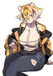 2023 alternate_version_available anthro arknights aspirindabaitu belt big_breasts cleavage female furry glasses hole_in_pants jacket jacket_off_shoulders jeans mx99926 orange_eyes tank_top tiger tiger_ears tiger_girl waai_fu_(arknights) white_background yostar