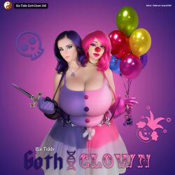 2girls ai_generated ai_reworked ai_translated balloons big_breasts clown clown_girl clown_nose conjoined conjoined_twins dagger female female_only goth goth_girl gothic gothic_girl huge_breasts large_breasts merged merged_together novel_ai novelai pink_dress pink_hair pink_top purple_dress purple_hair purple_top stuck_together swago3789