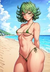 1girls ai_generated ass bare_shoulders beach big_ass bikini breasts collarbone curvaceous curvy curvy_female curvy_figure female female_focus female_only green_eyes green_hair hi_res large_ass looking_at_viewer medium_breasts micro_bikini navel nervous oatmealdood ocean one-punch_man revealing_clothes sand shaking shiny_skin skimpy small_breasts solo solo_female stable_diffusion swimsuit tagme tatsumaki thick_thighs thighs water