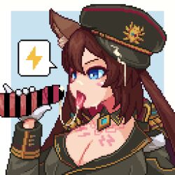 1boy 1girls bar_censor blue_eyes brown_hair caleen_keemosn choker cleavage commission cum cum_on_face cum_on_hat cum_string eyebrows_visible_through_hair female female_only fox_ear fox_girl fox_tail glove hair_ribbon handjob kemonomimi kitsunemimi licking_penis light-skinned_female light-skinned_male light_skin looking_at_penis military_hat military_uniform multiple_tails o2a1 open_mouth penis pixel_art runes star_ocean star_ocean_anamnesis tongue_out twintails very_long_hair white_glove