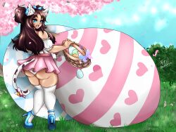 ass backboob basket blue_bow blue_eyes blue_footwear blush breast_expansion brown_hair butterfly cat_girl cherry_blossoms commission commissioner_upload cow_print dark_skin demonfoxtukuma dress easter egg feet female field full_body hair_ornament hairbow heels hyper_breasts knock-kneed long_hair looking_at_viewer looking_back magic miniskirt naomi_minette open_mouth original original_character outdoors panties pink_bow pink_clothes shiny_hair shiny_skin signature skirt smaller_version_at_source solo standing tail_bell tail_bow thick_thighs thighhighs topless torn_clothing torn_topwear tree two_side_up white_clothes white_legwear ych_result zettai_ryouiki