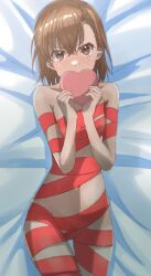 1girls 2020s 2023 absurd_res bare_shoulders bed_sheet blush breasts brown_eyes brown_hair brunette collarbone female hair_flower hair_ornament halya_meri heart heart_box hi_res looking_at_viewer lying matching_hair/eyes midriff misaka_mikoto navel nude nude_female on_back on_bed red_ribbon ribbon ribbon_only ribboned_body short_hair shy small_breasts solo teenage_girl teenager to_aru_kagaku_no_railgun to_aru_majutsu_no_index valentine's_day young