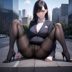 ai_generated black_hair black_pantyhose blazer dress_shirt female fully_clothed grin long_hair long_straight_hair mature milf office_lady pencil_skirt public public_indecency spread_legs stable_diffusion straight_hair suit