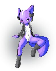 2020s 2023 aggressive_retsuko anthro blue_eyes bottomless bow_accessory breasts clothed clothing crotch_tuft eyebrows female female_only footwear fours_(artist) fur genitals grey_background grey_clothing grey_footwear grey_jacket grey_shoes grey_topwear head_markings hi_res jacket mammal markings mephitid navel one_eye_closed open_mouth purple_body purple_fur pussy sanrio shikabane shikabane_(aggressive_retsuko) shikabane_(aggretsuko) shoes simple_background sitting skunk smooth_fur solo tail topwear tuft white_body white_fur