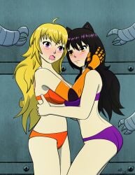 2girls amputee black_hair blake_belladonna blush blush_lines cover_page dubious_consent embarrassed holding_each_other light-skinned_female light_skin long_hair mrbragas orange_bra orange_panties orange_underwear patreon_reward prosthetic prosthetic_arm purple_bra purple_eyes purple_panties purple_underwear robotic_arm rooster_teeth rwby simple_background tagme yang_xiao_long yellow_eyes yellow_hair