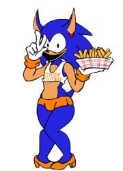 bulge bulge_through_clothing drawn't earring femboy femboy_hooters food_tray french_fries friday_night_funkin friday_night_funkin_mod heels hooters hooters_uniform looking_at_viewer rewrite_(sonic.exe) sonic.exe sonic.exe_(series) sonic_(series) sonic_the_hedgehog thick_thighs waiter