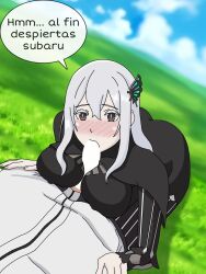 black_clothing black_dress blowjob censored_penis dress echidna_(re:zero) grass long_hair natsuki_subaru nipples nipples_visible_through_clothing penis purple_eyes re:zero_kara_hajimeru_isekai_seikatsu sky sondrykle text text_bubble white_hair witch