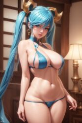 ai_generated bare_arms bare_shoulders bare_thighs belly belly_button bikini bikini_bottom bikini_top blue_eyes blue_hair cleft_of_venus earrings hair_ornament huge_breasts large_breasts league_of_legends long_hair lowleg_bikini lowleg_panties skindentation slutty_outfit sona_buvelle stable_diffusion thighs twintails very_long_hair