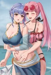 2girls alternate_costume amayo_thranana bikini blue_bikini blue_hair blue_swimsuit braid breasts brown_eyes cleavage crown_braid eyewear_on_head female female_only fire_emblem fire_emblem:_three_houses fire_emblem_heroes hands_on_another's_stomach highres hilda_valentine_goneril hilda_valentine_goneril_(summer) hug hug_from_behind large_breasts long_hair marianne_von_edmund marianne_von_edmund_(summer) multiple_girls navel nintendo off-shoulder_bikini off_shoulder official_alternate_costume one_eye_closed pink_bikini pink_eyes pink_hair pink_swimsuit smile sunglasses swimsuit twintails yuri