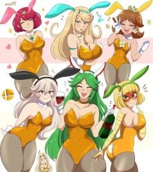 6+girls 7girls alcohol animal_ears arms_(game) blonde blonde_female blonde_hair blonde_hair_female brown_hair brown_hair_female bunny_costume bunny_ear bunny_ears bunny_girl bunny_tail bunnygirl bunnysuit closed_eyes company_connection corrin_(fire_emblem) corrin_(fire_emblem)_(female) crossover eyes_closed eyess_closed fake_animal_ears fake_tail female_focus female_only fire_emblem fire_emblem_fates gray_hair green_eyes green_hair green_hair_female grey_hair grey_hair_female group happy karbuitt kid_icarus leotard long_blonde_hair long_gray_hair long_green_hair long_hair low_res lowres mario_(series) min_min_(arms) mythra nintendo palutena pantyhose princess_daisy pyra red_eyes short_blonde_hair short_hair short_hair_female silver_hair silver_hair_female simple_background smile smiling standing strapless strapless_leotard super_smash_bros. super_smash_bros._ultimate tail viridi white_background wine wine_bottle wine_glass xenoblade_(series) xenoblade_chronicles xenoblade_chronicles_(series) xenoblade_chronicles_2 yellow_eyes