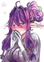 big_breasts blush blushing crunnix doki_doki_literature_club elf_ears purple_eyes purple_hair yuri_(doki_doki_literature_club)