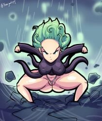 1girls alternate_breast_size angry big_ass big_breasts big_nipples canonical_scene female female_only francyart34 green_hair one-punch_man short_hair solo tatsumaki tatsumaki_landing underwear visible_pussy