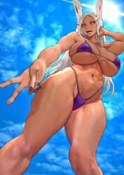 1girls :d animal_ears arm_up b_0_rukia bikini blue_nails breasts cleavage dark-skinned_female dark_skin female from_below hand_in_own_hair highleg highleg_bikini highres huge_breasts long_eyelashes long_fingernails long_hair miruko my_hero_academia nail_art nail_polish navel open_mouth outdoors parted_bangs purple_bikini rabbit_ears rabbit_girl raised_eyebrow red_eyes rumi_usagiyama shiny_skin shounen_jump skindentation sky smile solo stomach swimsuit thick_thighs thighs thighs_together v white_hair