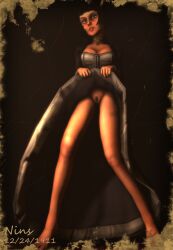 3d athletic athletic_female bangs bioshock bioshock_infinite black_hair blue_eyes bolero breasts choker cleavage corset elizabeth_comstock female female_focus female_only flashing flashing_breasts going_commando medium_breasts ninssfm pussy shaved_pussy short_hair skirt_lift standing tagme vagina