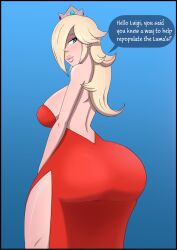 2d big_ass bimbo blonde_hair blue_eyes commission crown curvy dat_ass diklonius dress female huge_breasts huge_butt lips long_hair looking_at_viewer mario_(series) name_drop nintendo princess princess_rosalina red_dress text_bubble thick_thighs voluptuous