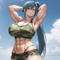 1girls abs ai_generated armpits arms_behind_head arms_up athletic athletic_female bare_arms bare_legs bare_midriff bare_shoulders bare_thighs biceps big_breasts blue_eyes blue_hair blush cleavage collarbone crop_top fit_female ikari_warriors king_of_fighters large_breasts leona_heidern long_hair midriff midriff_baring_shirt muscle muscles muscular muscular_arms muscular_female muscular_legs muscular_thighs ponytail short_shorts shorts sideboob snk stable_diffusion sweat tank_top thick_thighs thighs voluptuous voluptuous_female whale_tail wide_hips