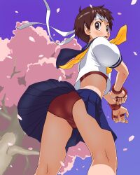 1girls digital_drawing_(artwork) digital_media_(artwork) female female_focus female_only gloves headband looking_back panties pantyshot pantyshot_(standing) sakura_kasugano school_uniform skirt street_fighter tsuwitchii84 upskirt wind wind_lift windy_skirt