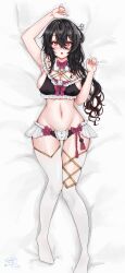 1girls bed_sheet belly_button big_breasts black_hair emileelee eyebrows_visible_through_hair female female_only kurogane_karasu laying_on_bed light-skinned_female light_skin nkshoujo on_bed pillow red_eyes skimpy_clothes solo virtual_youtuber white_bed_sheet white_pillow