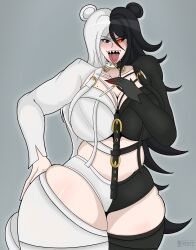 big_breasts black_eyes black_hair breasts clothing danganronpa female human_monokuma junior_art_ monokuma red_eyes rule_63 sharp_teeth solo straight_hair thick_thighs thighhighs white_hair