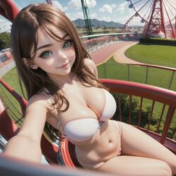 adorable ai_generated arm_up audiostick bikini breasts brown_hair cleavage cute earring ferris_wheel green_eyes hi_res high_resolution highres large_breasts long_hair looking_at_viewer panties park reaching_out sitting smile smiling smiling_at_viewer stable_diffusion theme_park white_bikini white_bra