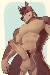 2023 anthro balls brown_body brown_fur canid ear_piercing erection fur genitals hi_res humanoid_genitalia humanoid_penis jrjresq male mammal muscular muscular_anthro muscular_male penis piercing pubes solo