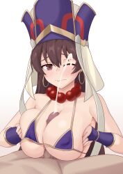 1boy absurdres areola_slip bead_necklace beads bikini blush breasts breasts_squeezed_together brown_eyes brown_hair censored closed_mouth covered_nipples cum earrings ejaculation fate/grand_order fate_(series) female fingerless_gloves gloves hat highres hoop_earrings jewelry large_breasts liu_han looking_at_viewer micro_bikini mosaic_censoring necklace one_eye_closed paizuri penis prayer_beads projectile_cum purple_bikini raised_eyebrows straight swimsuit variant_set wavy_mouth xuangzang_sanzang_(fate) xuanzang_(fate)