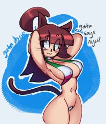 1girls :3 arms_behind_head arms_up ass belly_button bikini black_eyes breasts brown_hair cat_ears cat_girl cat_tail catgirl choker color cragscleft long_hair mexican mexican_flag mexican_flag_bikini original_character partially_clothed ponytail pussy_covered spanish_text text whiskers