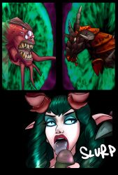 1boy 1girls blizzard_entertainment comic comic_page felsteed green_skin gul'dan handjob licking_penis male observer_(warcraft) orc orc_(warcraft) orc_male original_character shina succubus warcraft world_of_warcraft