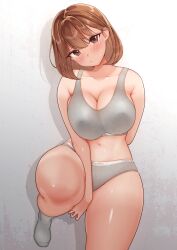 1girls absurd_res bangs big_breasts blush blush_lines blushing_at_viewer brown_eyes brown_hair calvin_klein cleavage clothed collarbone female female_focus female_only hair hi_res highres hitofuu_main large_breasts light-skinned_female light_skin looking_at_viewer panties sak1023 shiny_hair shiny_skin shoulder_length_hair shy simple_background socks solo sports_bra sportswear thick_thighs underwear underwear_only white_background wide_hips